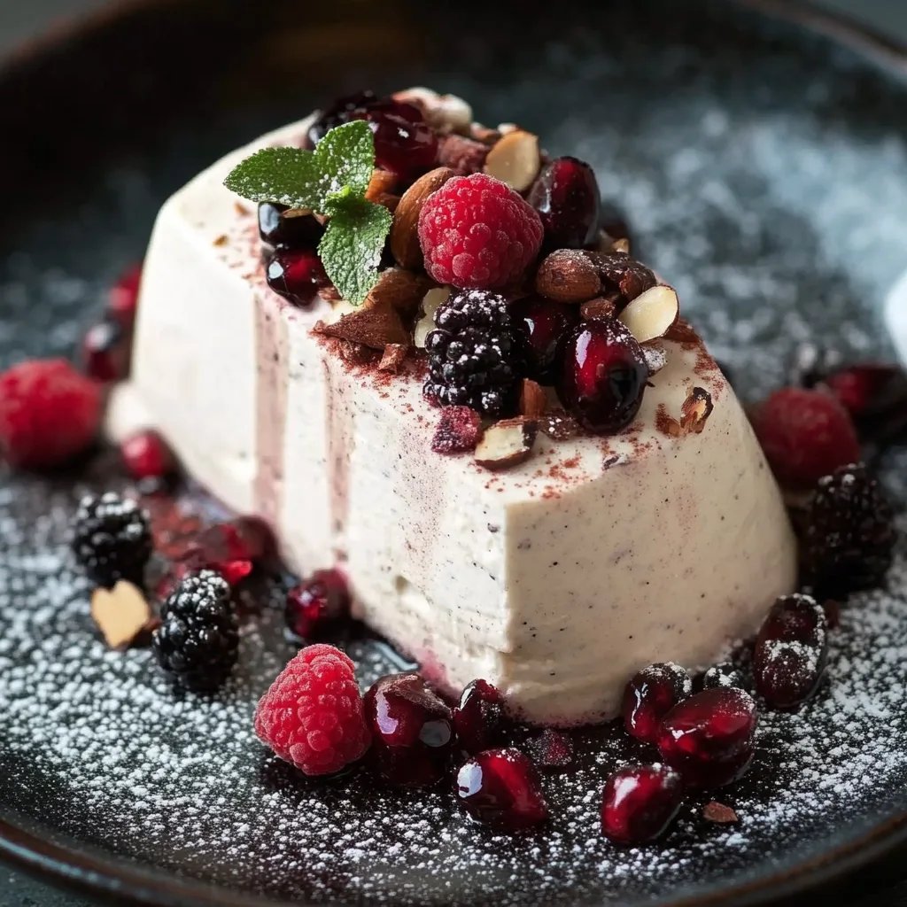Cremiges Zimtparfait mit gebrannten Mandeln und Kirschen